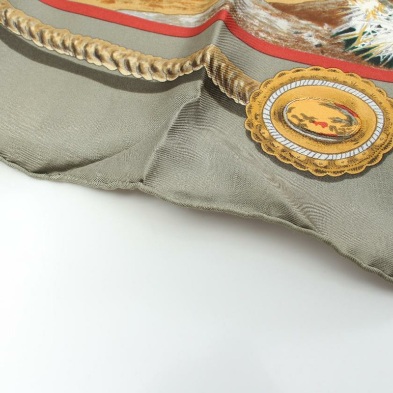 【日本直送】中古HERMES[B]方巾90 「The Pony Express」 絲巾 絲 灰綠色 多彩色-5