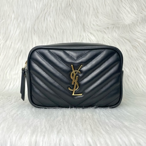 YSL 534817 黑牛皮V紋金logo拉鏈相機腰包斜背包Lou Belt