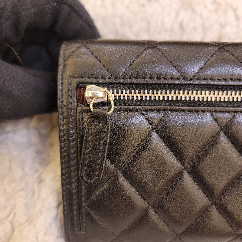 Chanel 香奈兒 黑銀羊皮三折錢包 短夾-16