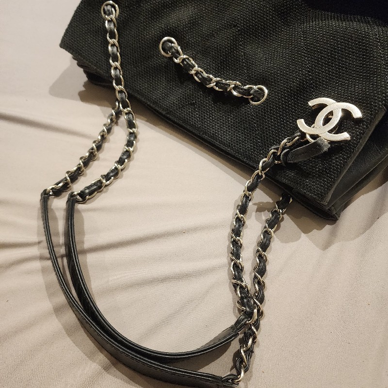 小週末甜價/日本中古真品chanel vintage 大款帆布v縫線logo吊飾子母托特包-2