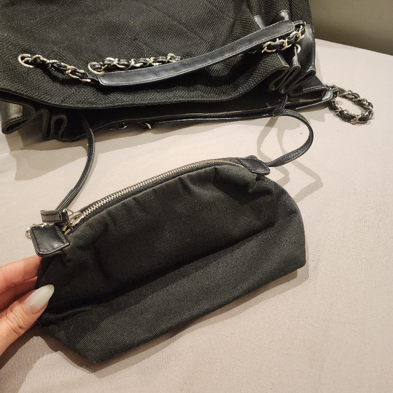 小週末甜價/日本中古真品chanel vintage 大款帆布v縫線logo吊飾子母托特包-6