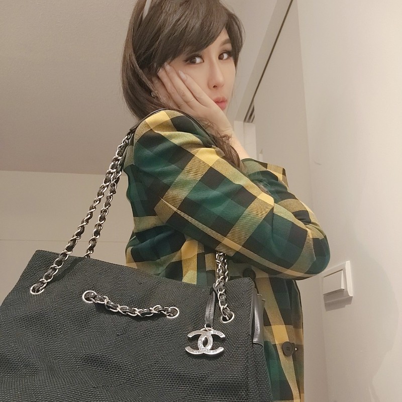 小週末甜價/日本中古真品chanel vintage 大款帆布v縫線logo吊飾子母托特包-0