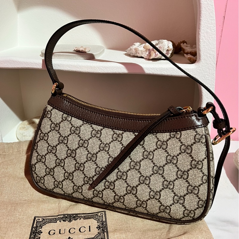 GUCCI 古馳 Ophidia GG 經典雙G LOGO緹花拼接手提包肩背包腋下包(駝)-1