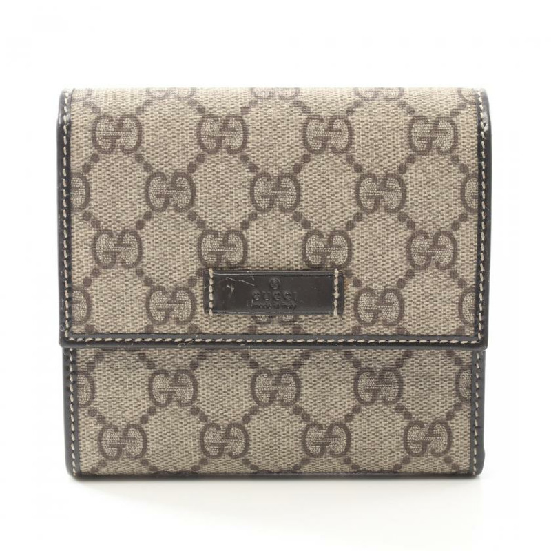 【日本直送】中古GUCCI[B]雙G SUPREME 對折錢包 雙子母扣錢包 PVC 釉面皮 米色 深棕色-0