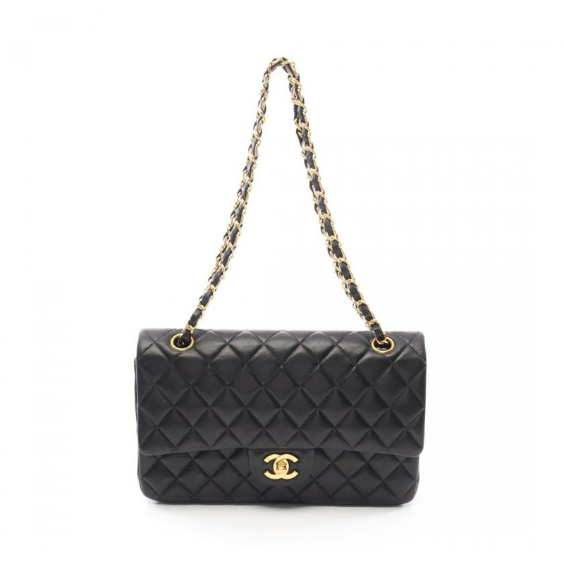 【日本直送】中古CHANEL[B]CF 菱格紋 雙翻蓋 雙鏈條肩包 小羊皮 黑色 金色五金-0