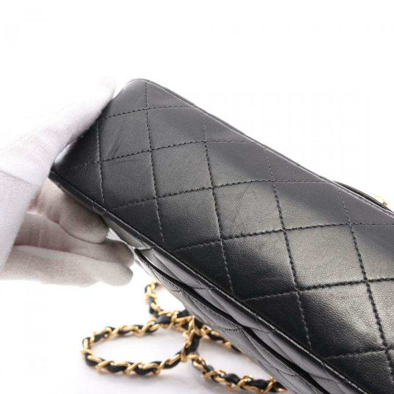 【日本直送】中古CHANEL[B]CF 菱格紋 雙翻蓋 雙鏈條肩包 小羊皮 黑色 金色五金-9