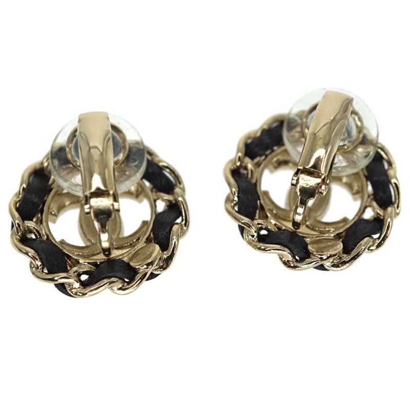 Chanel香奈兒超美黑色皮穿鏈山茶花造形淡金色水鑽cc標誌夾式耳環 耳釦-3