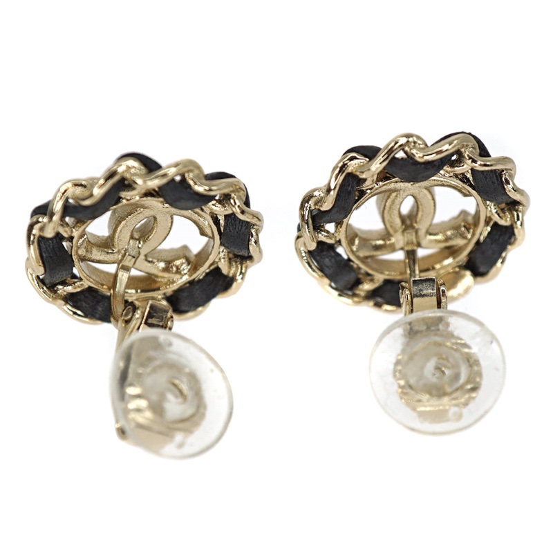 Chanel香奈兒超美黑色皮穿鏈山茶花造形淡金色水鑽cc標誌夾式耳環 耳釦-4