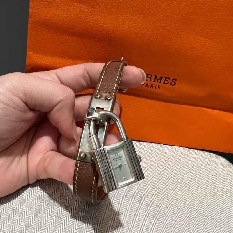 Hermes 愛馬仕 經典鎖頭KELLY凱莉錶 Gold 金棕色銀釦-0