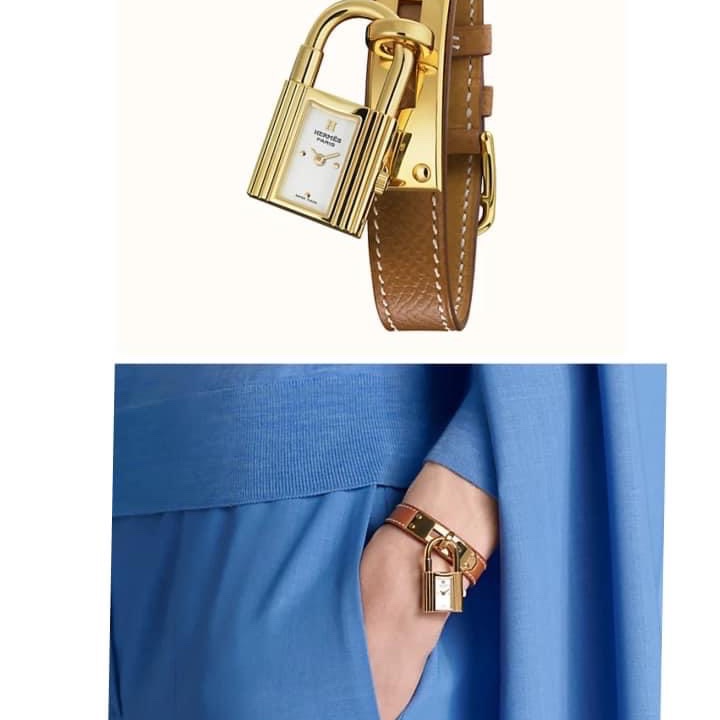 Hermes 愛馬仕 經典鎖頭KELLY凱莉錶 Gold 金棕色銀釦-12