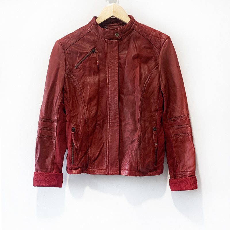 ARMANI JEANS 帥氣復古真皮夾克 牛皮騎士外套 酒紅色 側邊拼接設計 皮衣 捍衛戰士【壽司羊羊】二手皮件-0