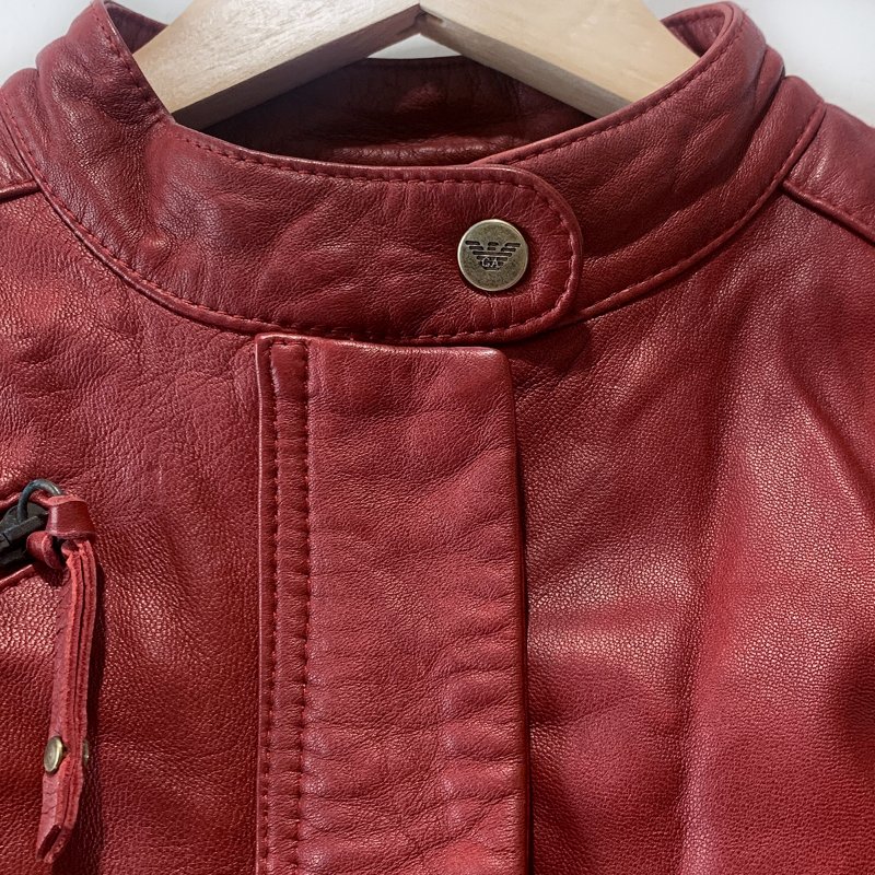 ARMANI JEANS 帥氣復古真皮夾克 牛皮騎士外套 酒紅色 側邊拼接設計 皮衣 捍衛戰士【壽司羊羊】二手皮件-2