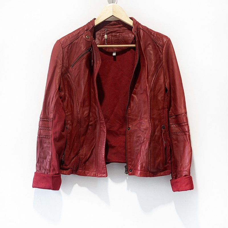 ARMANI JEANS 帥氣復古真皮夾克 牛皮騎士外套 酒紅色 側邊拼接設計 皮衣 捍衛戰士【壽司羊羊】二手皮件-3