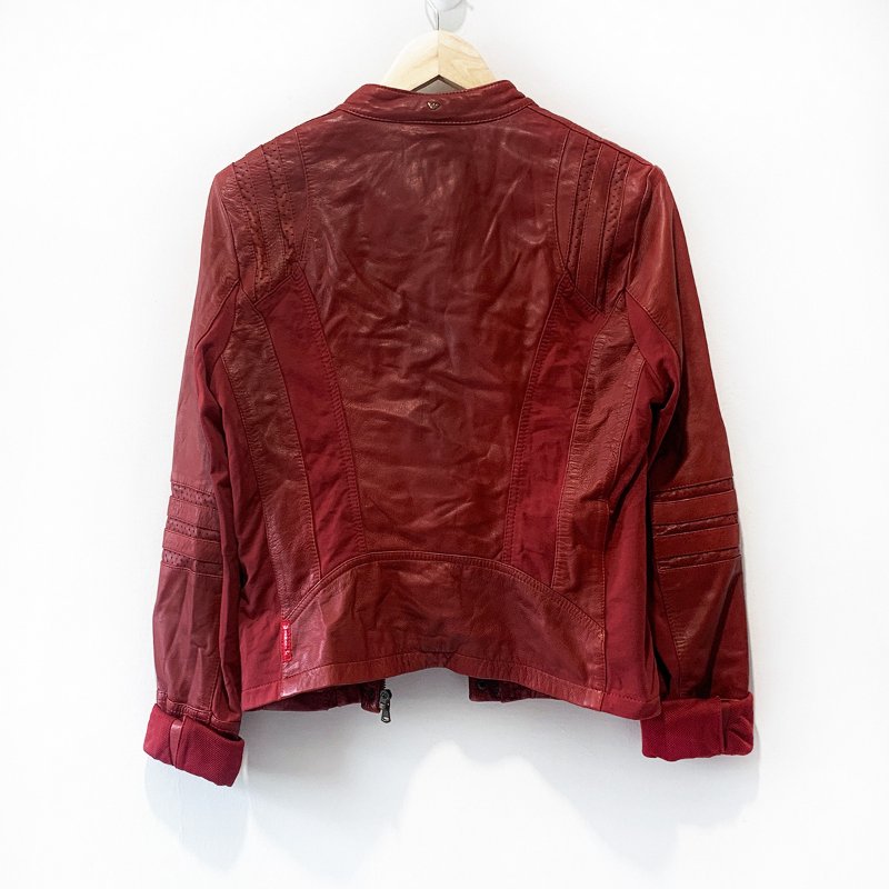 ARMANI JEANS 帥氣復古真皮夾克 牛皮騎士外套 酒紅色 側邊拼接設計 皮衣 捍衛戰士【壽司羊羊】二手皮件-4