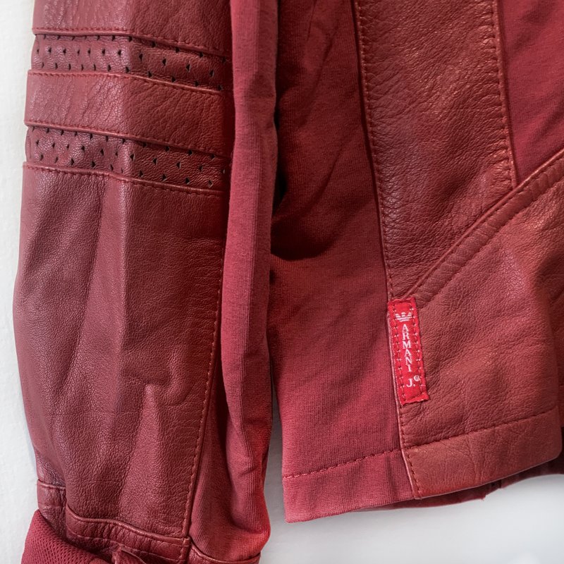 ARMANI JEANS 帥氣復古真皮夾克 牛皮騎士外套 酒紅色 側邊拼接設計 皮衣 捍衛戰士【壽司羊羊】二手皮件-5