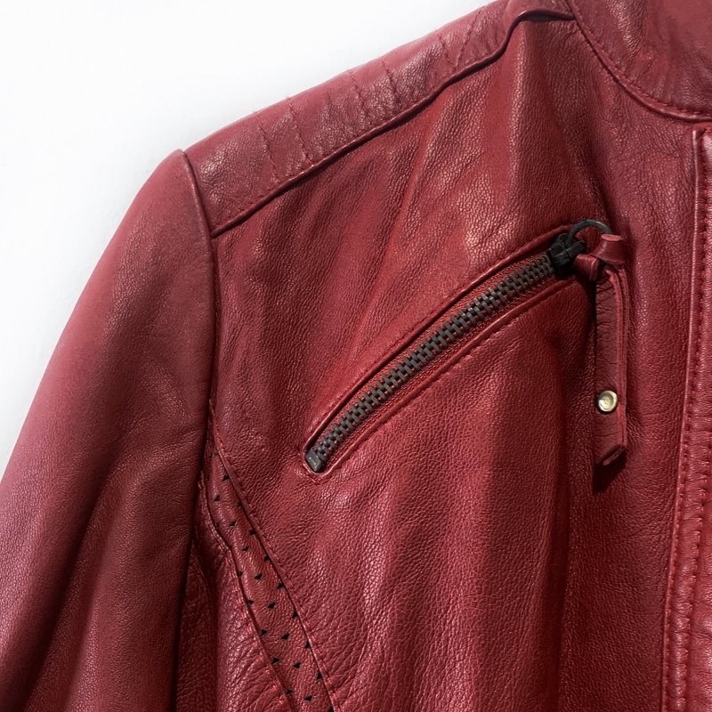 ARMANI JEANS 帥氣復古真皮夾克 牛皮騎士外套 酒紅色 側邊拼接設計 皮衣 捍衛戰士【壽司羊羊】二手皮件-6