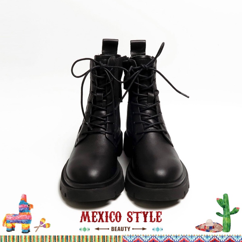 KOKKO率性啞光針織拼接真皮綁帶馬汀短靴黑色-0