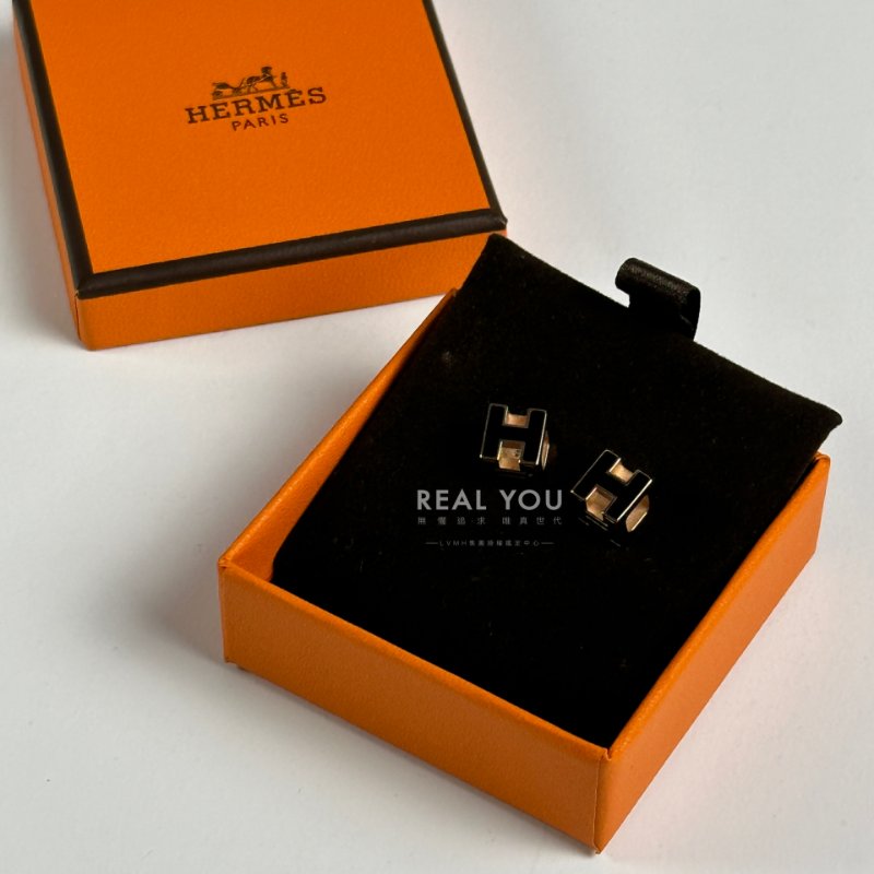 HERMES 立體方形耳環 - 黑玫瑰金-0