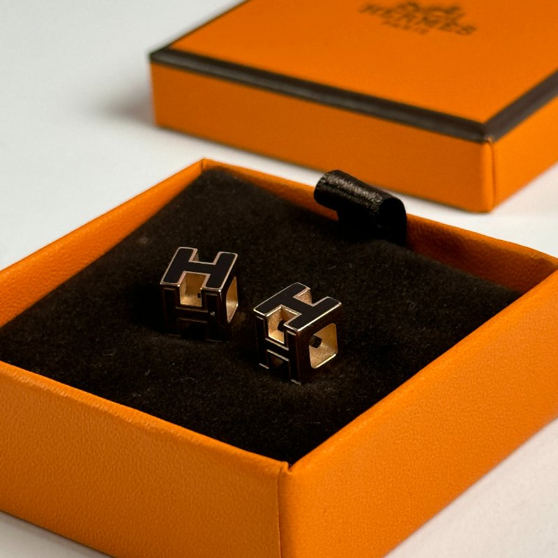 HERMES 立體方形耳環 - 黑玫瑰金-1