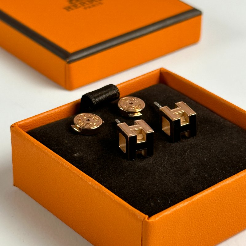 HERMES 立體方形耳環 - 黑玫瑰金-2