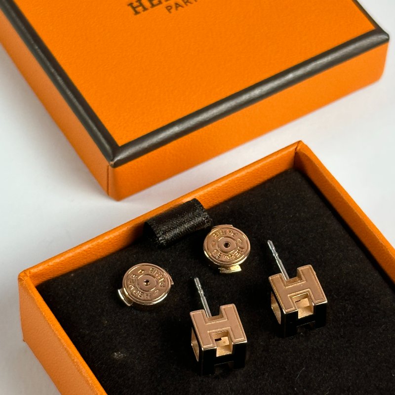 HERMES 立體方形耳環 - 黑玫瑰金-3