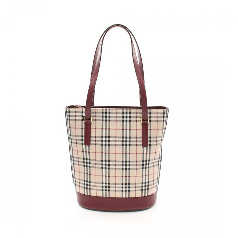 【日本直送】中古BURBERRY[AB]NOVA CHECK格紋 肩包 托特包 帆布 皮革 淺褐色 波爾多色 多色-0