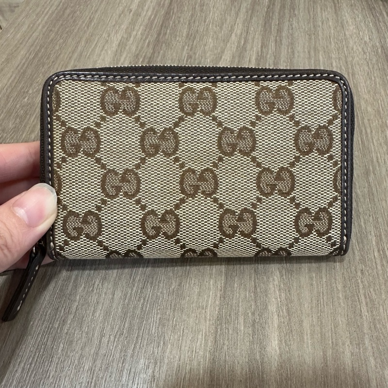 Gucci 老花帆布拼咖啡皮革拉鏈零錢卡包-5