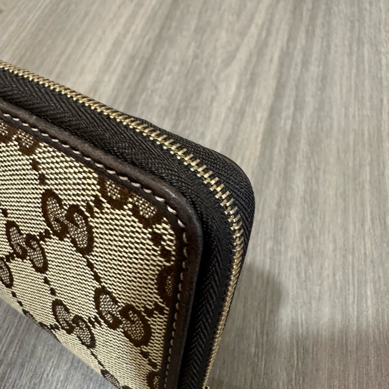 Gucci 老花帆布拼咖啡皮革拉鏈零錢卡包-8