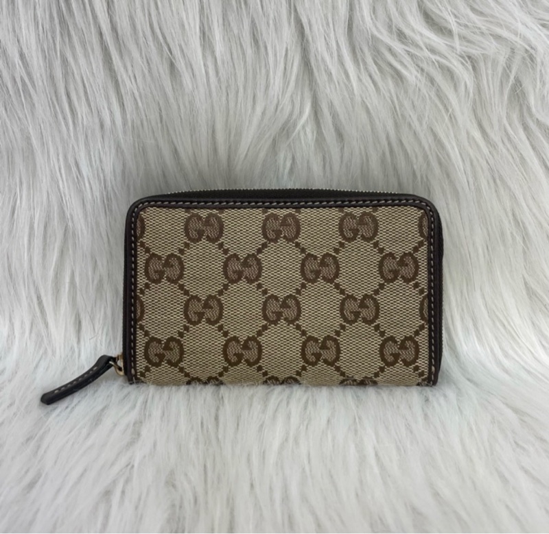 Gucci 老花帆布拼咖啡皮革拉鏈零錢卡包-1