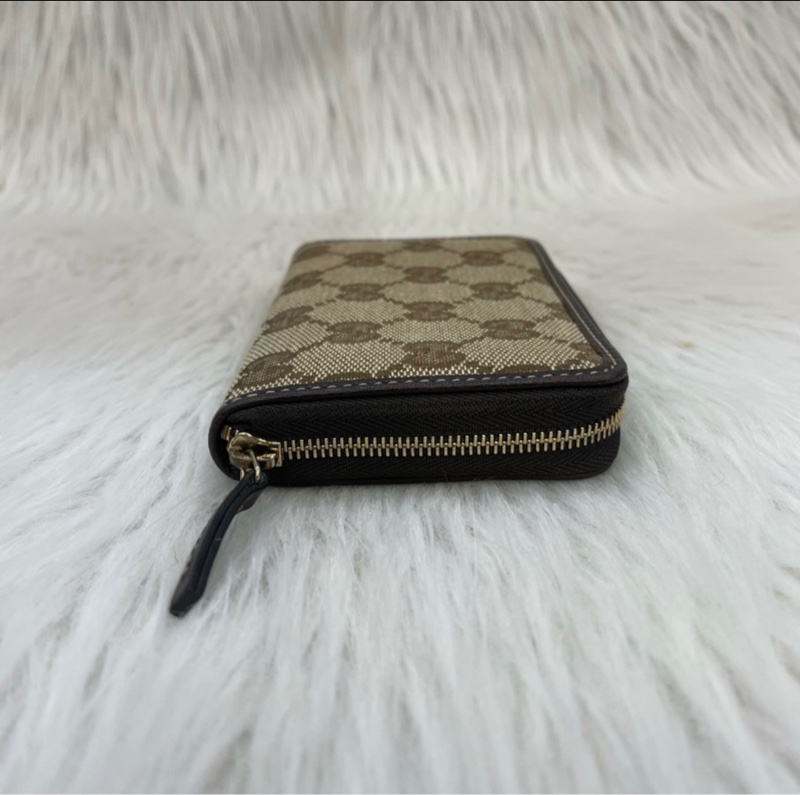 Gucci 老花帆布拼咖啡皮革拉鏈零錢卡包-2