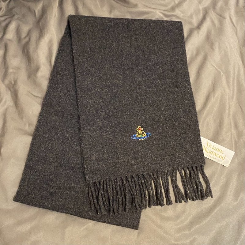 Vivienne Westwood 刺繡彩色行星 100%羊毛 流蘇圍巾 深灰 全新 現貨-1