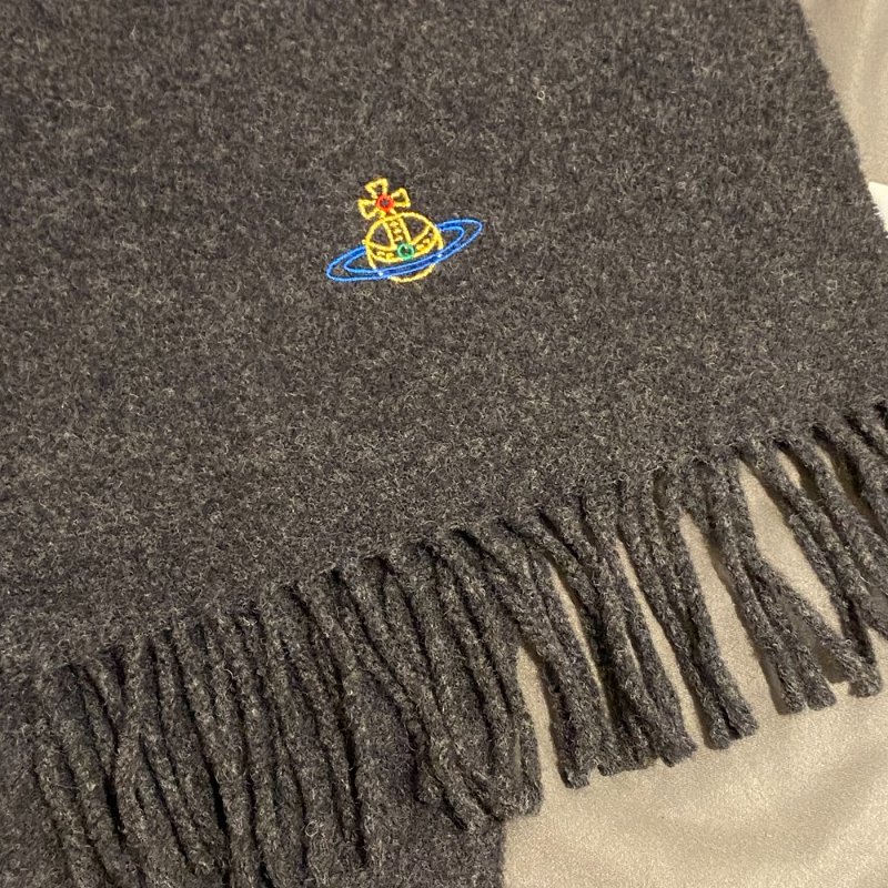 Vivienne Westwood 刺繡彩色行星 100%羊毛 流蘇圍巾 深灰 全新 現貨-2