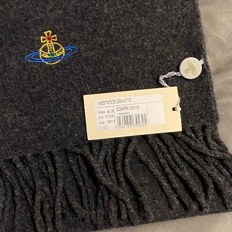 Vivienne Westwood 刺繡彩色行星 100%羊毛 流蘇圍巾 深灰 全新 現貨-4