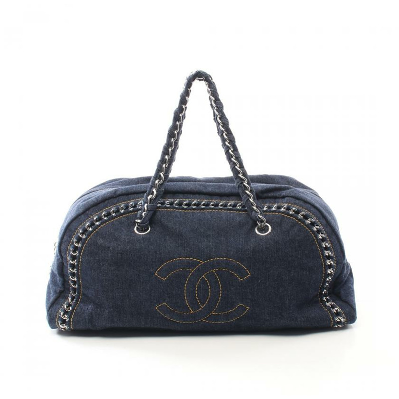 【日本直送】中古CHANEL[A]luxury line 鏈條手提包 波士頓包 丹寧布 湛藍色 銀色五金-0