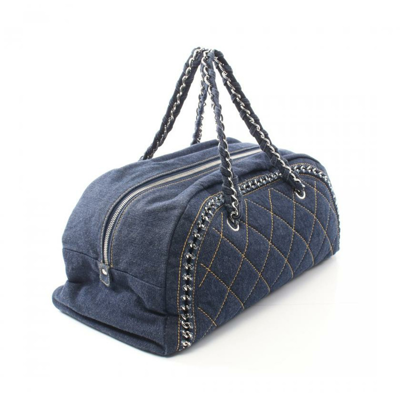 【日本直送】中古CHANEL[A]luxury line 鏈條手提包 波士頓包 丹寧布 湛藍色 銀色五金-1