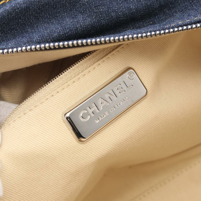 【日本直送】中古CHANEL[A]luxury line 鏈條手提包 波士頓包 丹寧布 湛藍色 銀色五金-3