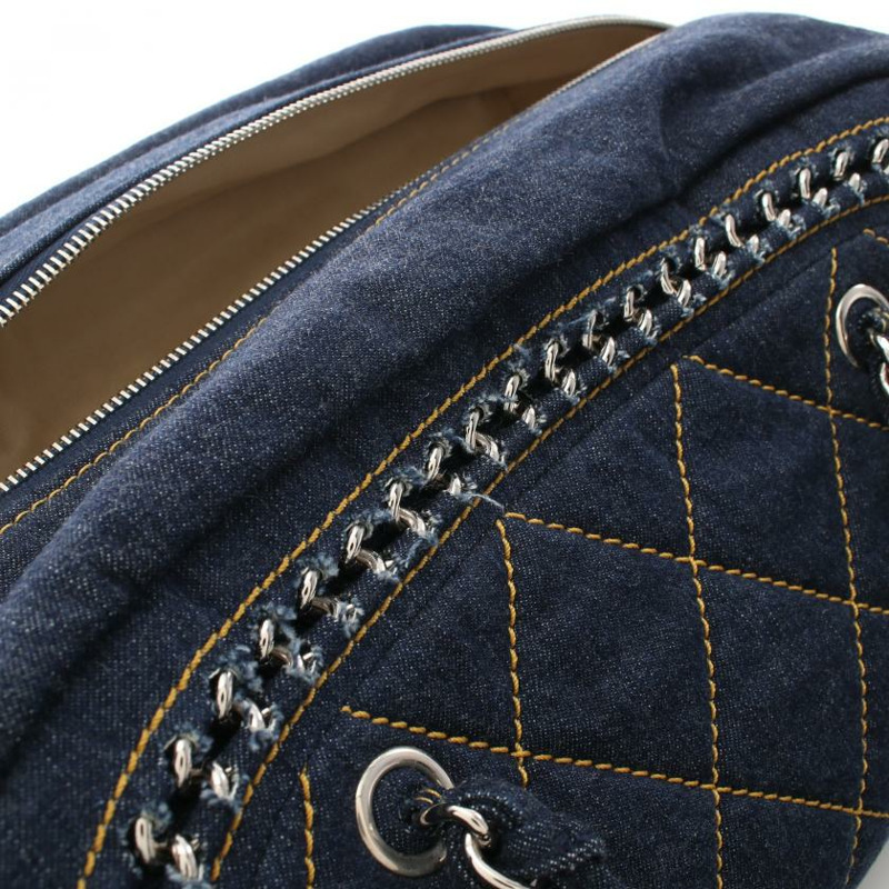 【日本直送】中古CHANEL[A]luxury line 鏈條手提包 波士頓包 丹寧布 湛藍色 銀色五金-5