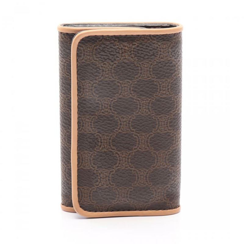 【日本直送】中古CELINE[B]Macadam 6孔 鑰匙包 PVC 真皮 深棕色 米色-0