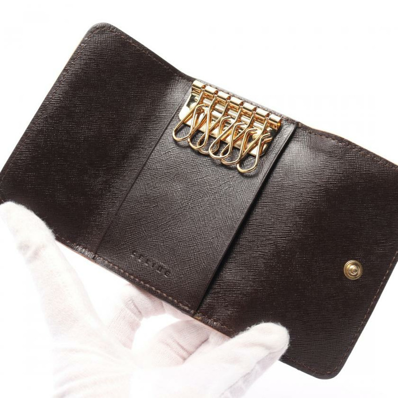 【日本直送】中古CELINE[B]Macadam 6孔 鑰匙包 PVC 真皮 深棕色 米色-2