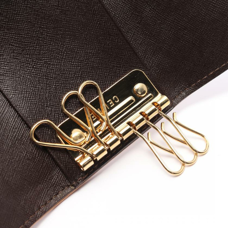 【日本直送】中古CELINE[B]Macadam 6孔 鑰匙包 PVC 真皮 深棕色 米色-4