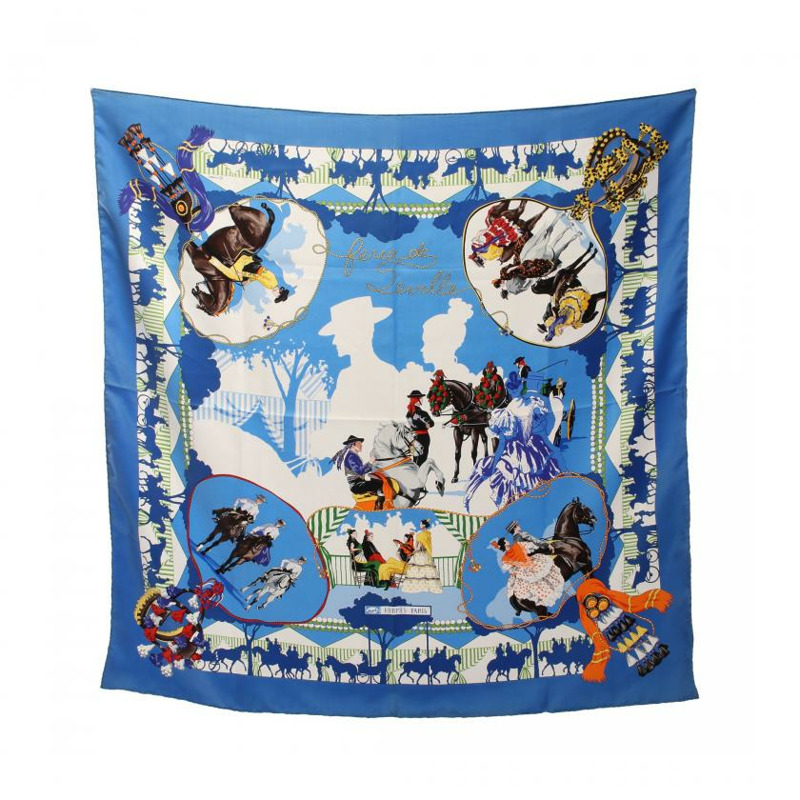 【日本直送】中古HERMES[B]方巾90 「FERIA DE SEVILLA」 絲巾 絲 藍色 多彩色-0