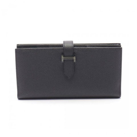 【日本直送】中古HERMES[A]Bearn Soufflet MONOCHROME 對折長款錢包 Veau Epsom壓花小公牛皮 黑色 黑色五金 U刻印