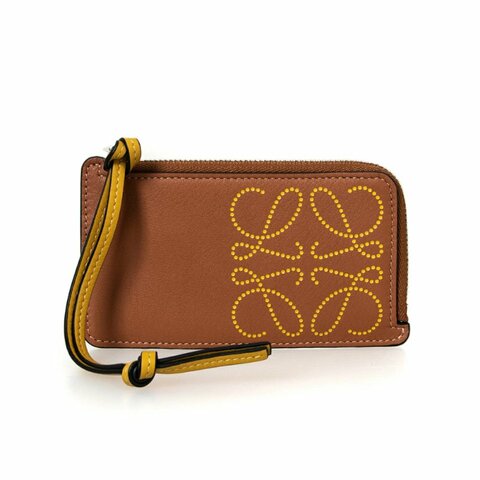 【LOEWE 羅威】經典 小牛皮 品牌硬幣卡片套 零錢包 卡夾 棕褐色/紅褐色