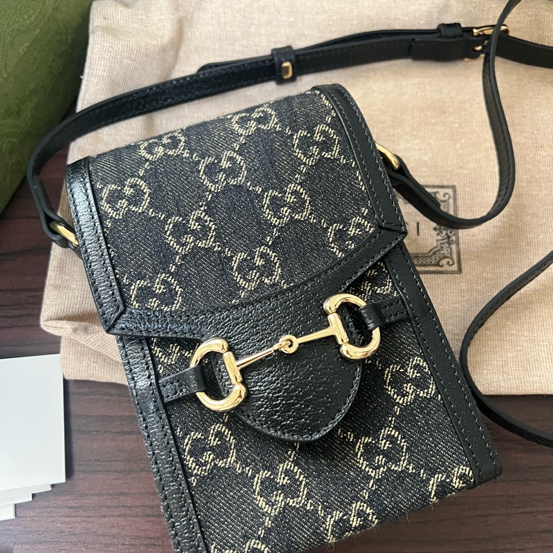 Gucci 1955系列 黑丹寧馬銜扣手機包-0