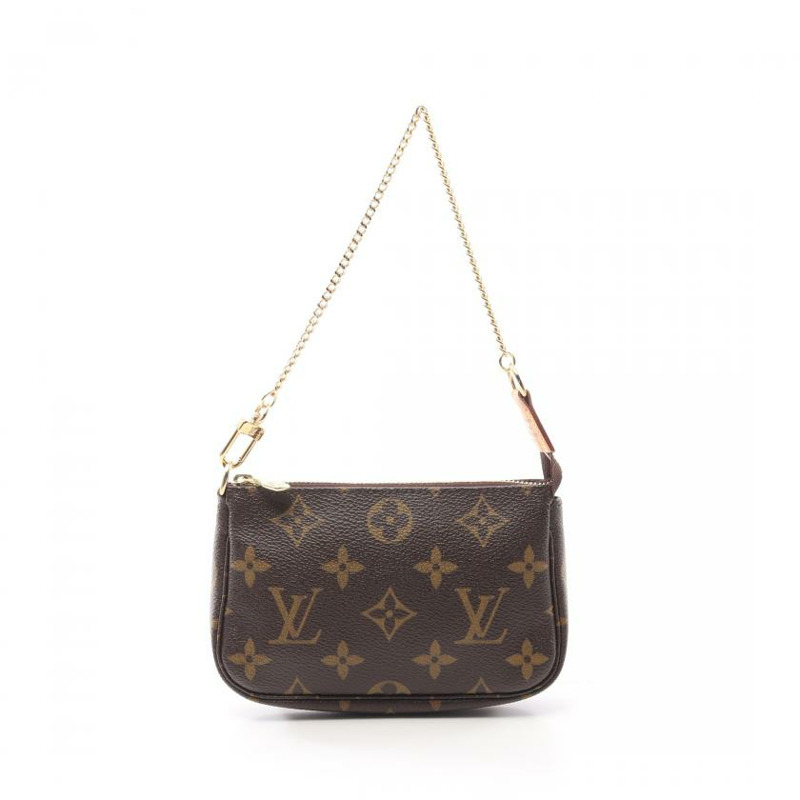 中古LOUIS VUITTON[A]迷你 Pochette Accessoires  老花 链条手提包 PVC 真皮 棕色-0