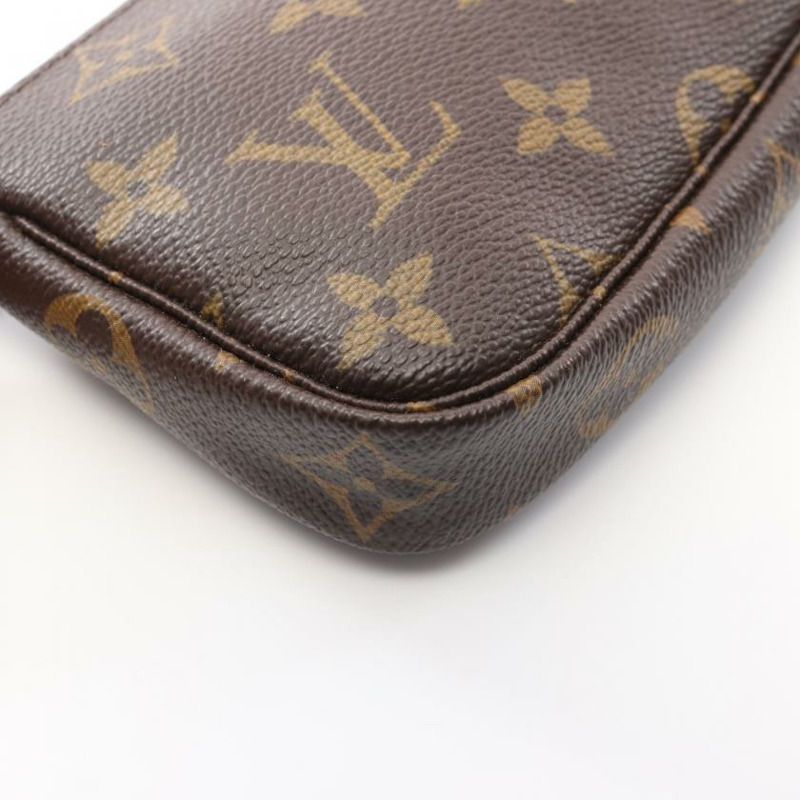 中古LOUIS VUITTON[A]迷你 Pochette Accessoires  老花 链条手提包 PVC 真皮 棕色-4
