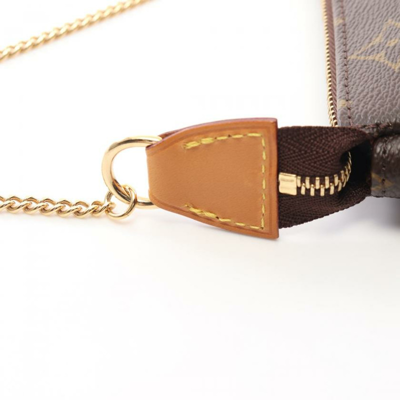 中古LOUIS VUITTON[A]迷你 Pochette Accessoires  老花 链条手提包 PVC 真皮 棕色-5