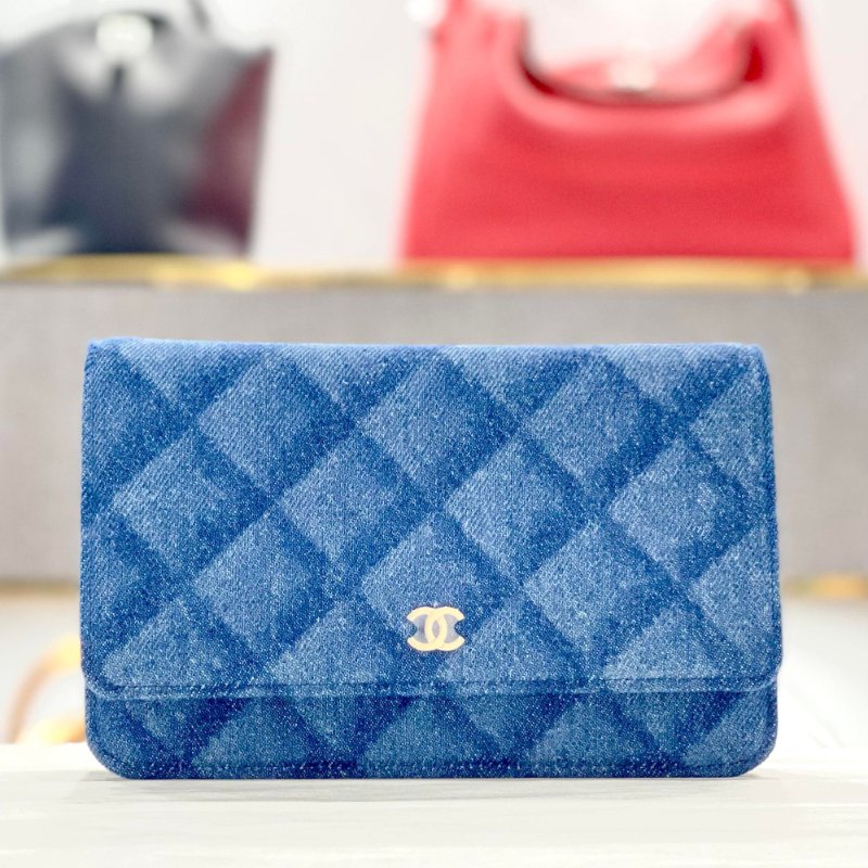CHANEL 香奈兒 雙C LOGO菱格紋牛仔布金鍊WOC 晶片款 全新商品-0