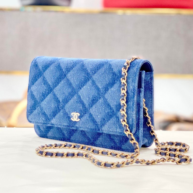 CHANEL 香奈兒 雙C LOGO菱格紋牛仔布金鍊WOC 晶片款 全新商品-3