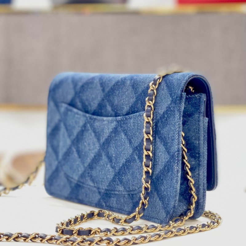 CHANEL 香奈兒 雙C LOGO菱格紋牛仔布金鍊WOC 晶片款 全新商品-4